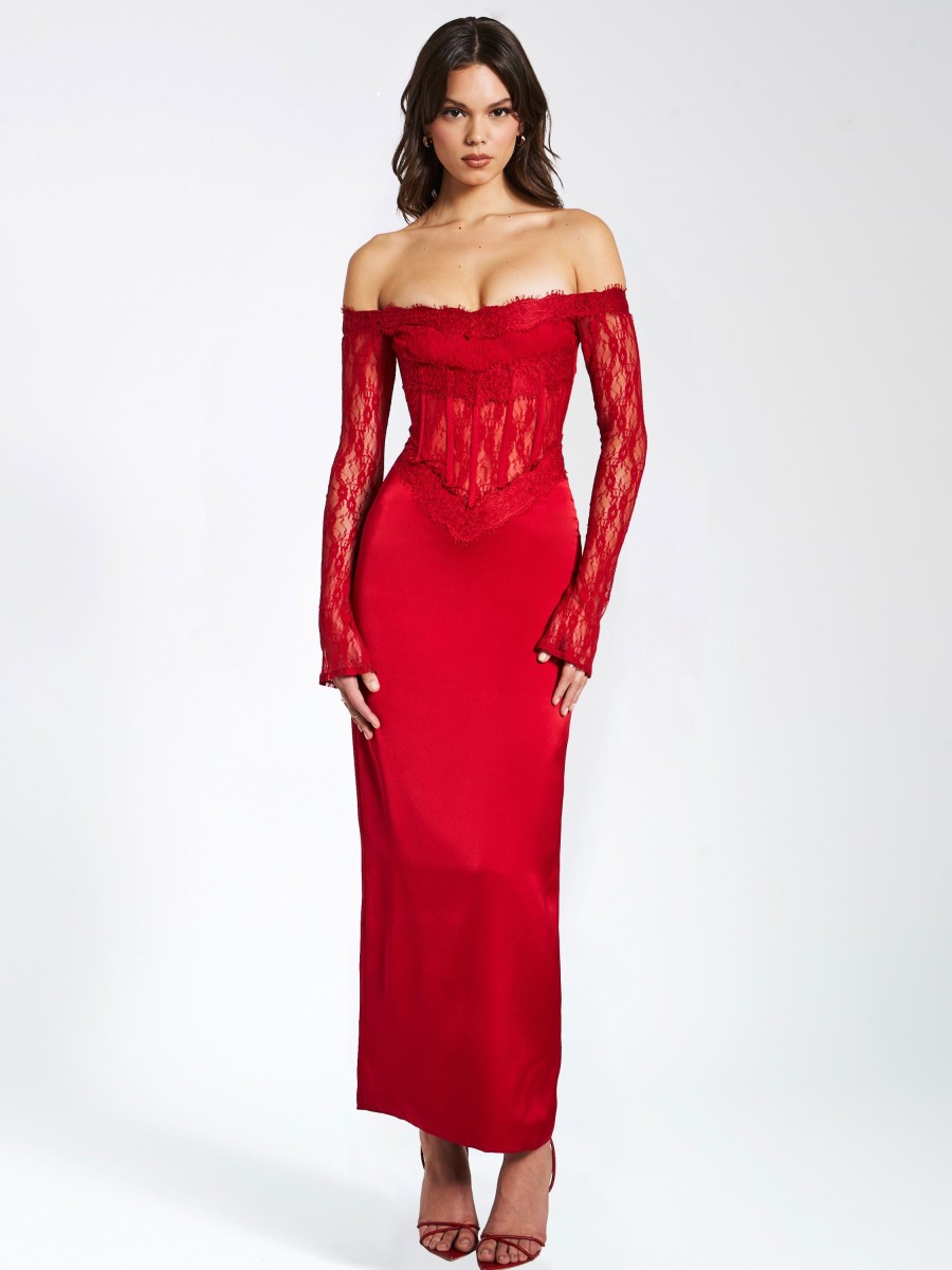 Dresses Miss Circle | Nessa Red Lace Satin Corset Maxi Dress