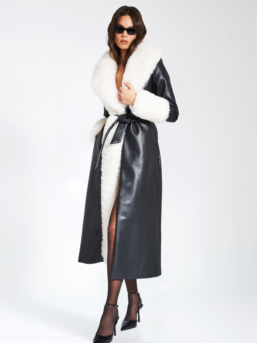 Dresses Miss Circle | Zaida White Faux Fur Trim Black Vegan Leather Coat