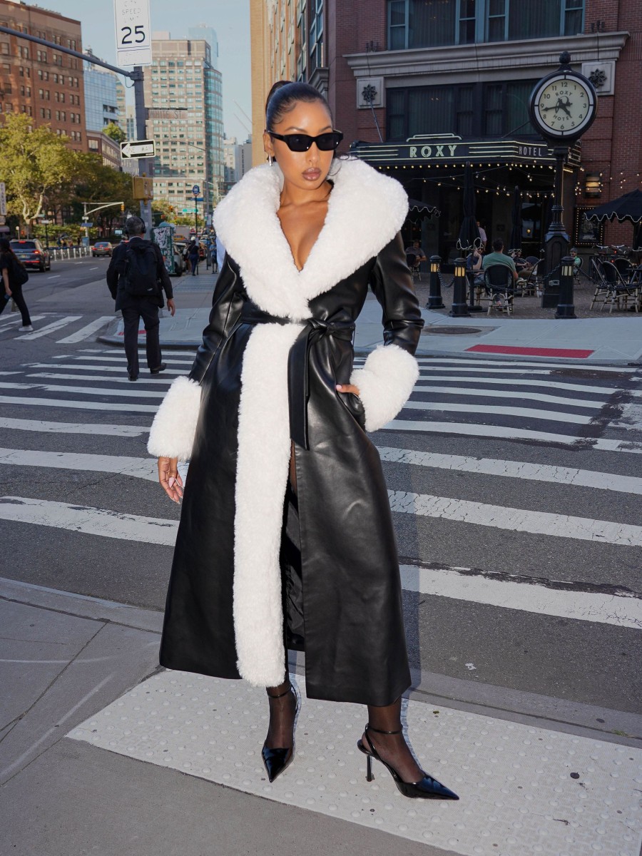 Dresses Miss Circle | Zaida White Faux Fur Trim Black Vegan Leather Coat