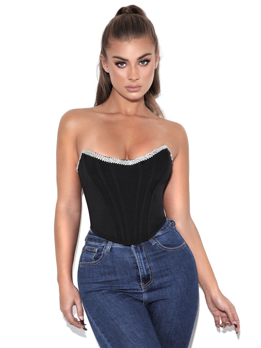 Tops Miss Circle | Melanie Black Corset Top With Crystal Trim