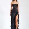 Corsets Miss Circle | Talia Black Satin Lace Corset Maxi Dress