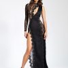 Lace Miss Circle | Weslyn Black Satin Lace High Slit Dress