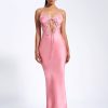 Dresses Miss Circle | Zinnia Salmon Pink Satin Lace Maxi Dress