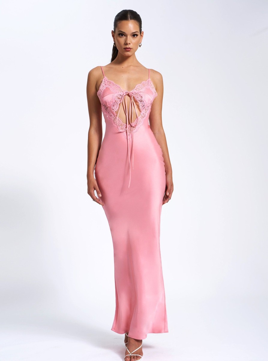 Dresses Miss Circle | Zinnia Salmon Pink Satin Lace Maxi Dress