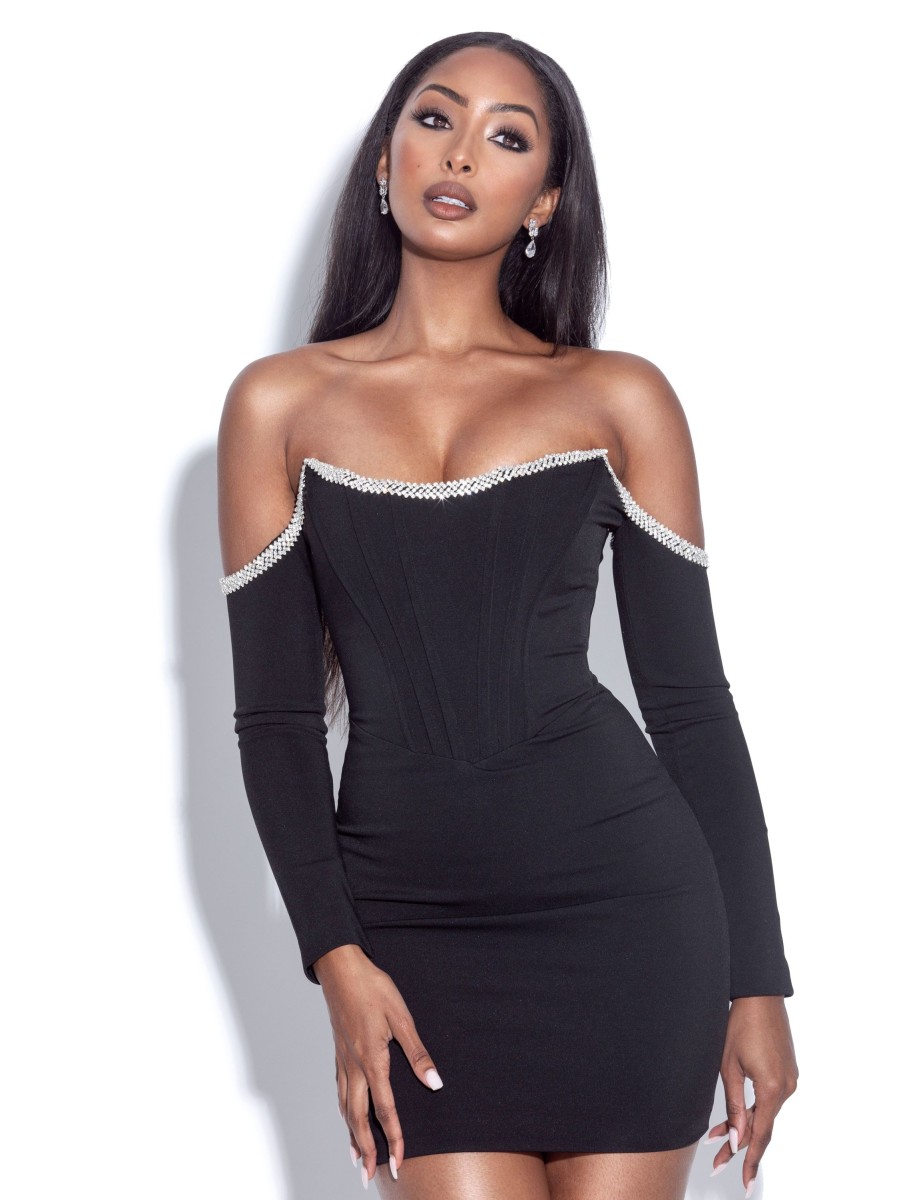 Corsets Miss Circle | Annika Black Off Shoulder Long Sleeve Corset Dress With Crystal Trim