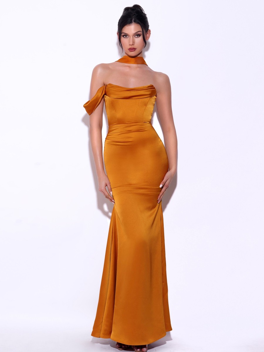 Dresses Miss Circle | Ivona Gold Halter Neck Double Duchess Satin Gown