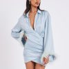 Dresses Miss Circle | Jenna Pale Blue Long Sleeve Feather Robe Dress