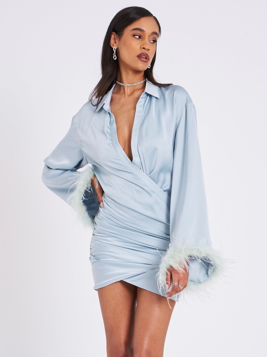 Dresses Miss Circle | Jenna Pale Blue Long Sleeve Feather Robe Dress