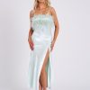 Dresses Miss Circle | Yanira Mint Feather High Slit Satin Maxi Dress