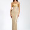 Dresses Miss Circle | Lainey Gold Satin Sequin Pearls Beaded Maxi Dress