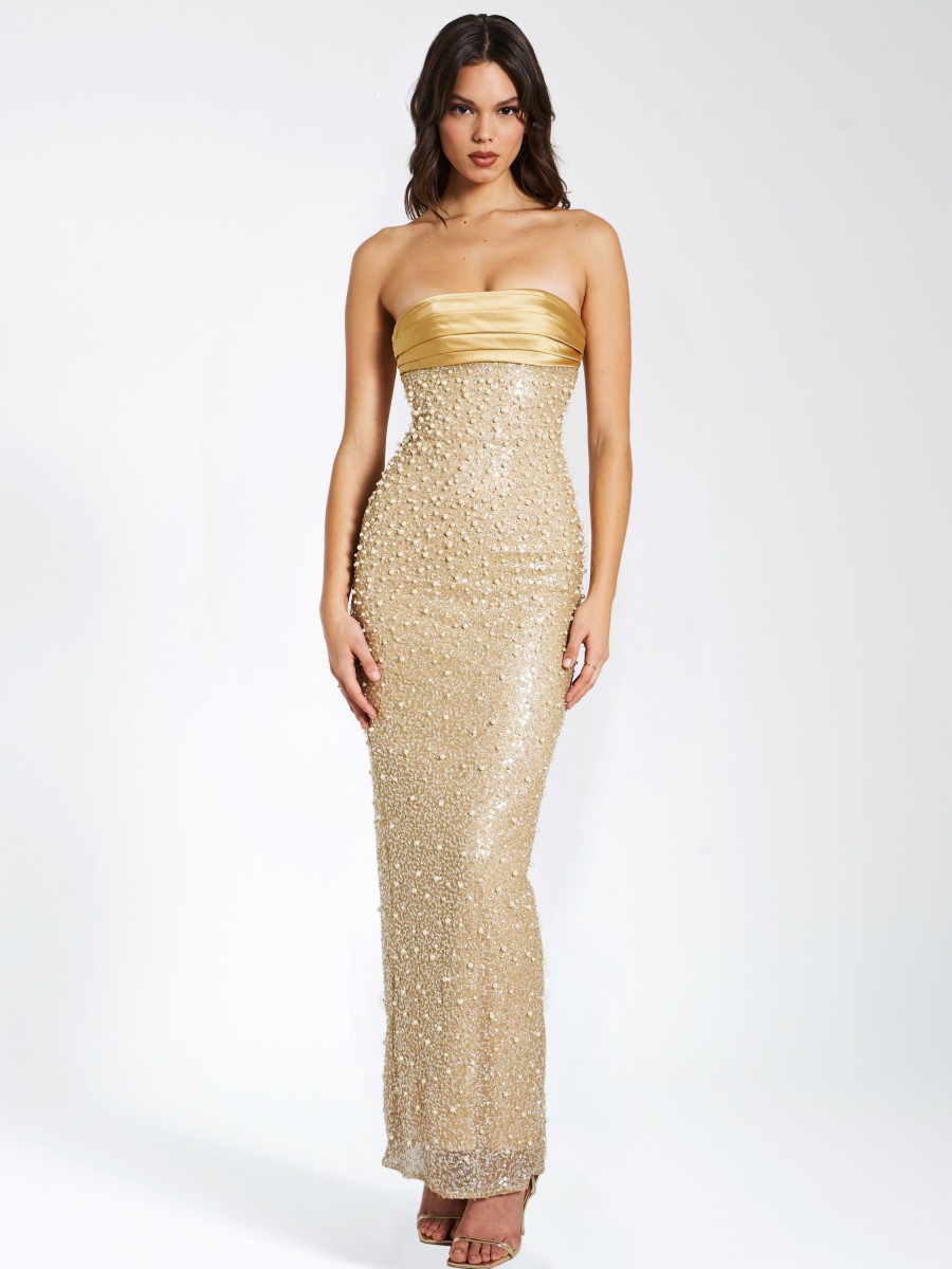 Dresses Miss Circle | Lainey Gold Satin Sequin Pearls Beaded Maxi Dress