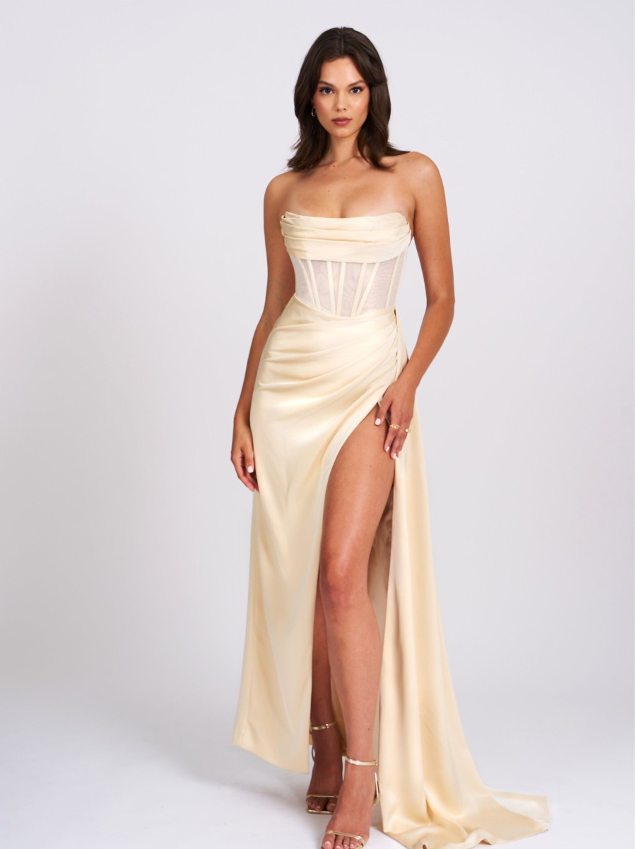 Gowns Miss Circle | Prisa Egg White High Slit Satin Corset Gown