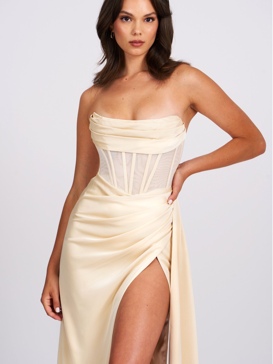 Gowns Miss Circle | Prisa Egg White High Slit Satin Corset Gown