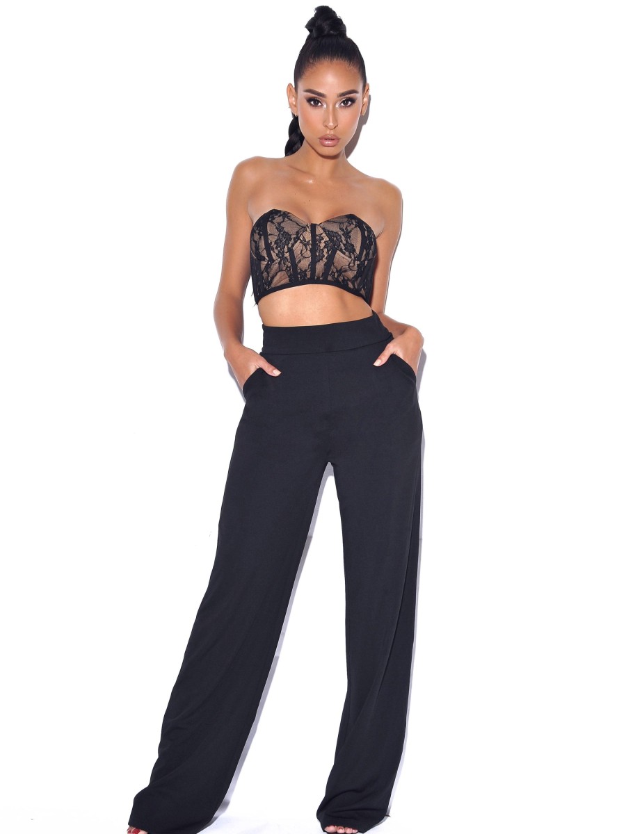 Bottoms Miss Circle | Never Enough Black Stretch Crepe Wide Leg Trousers