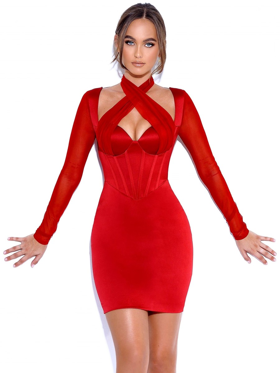 Dresses Miss Circle | Jocelynn Burgundy Satin Mesh Long Sleeve Corset Dress