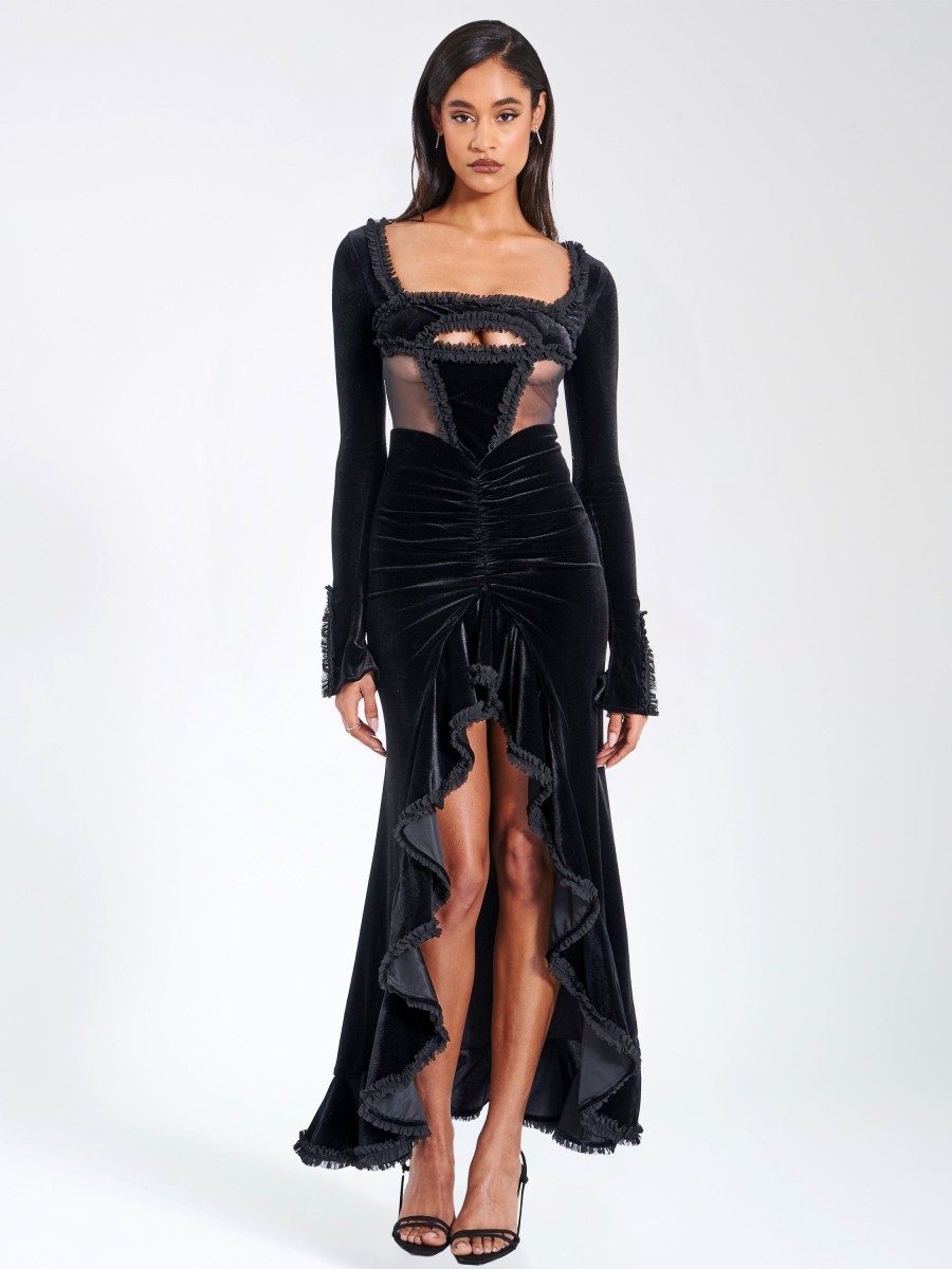 Dresses Miss Circle | Maeve Black Velvet And Mesh Long Sleeve Maxi Dress