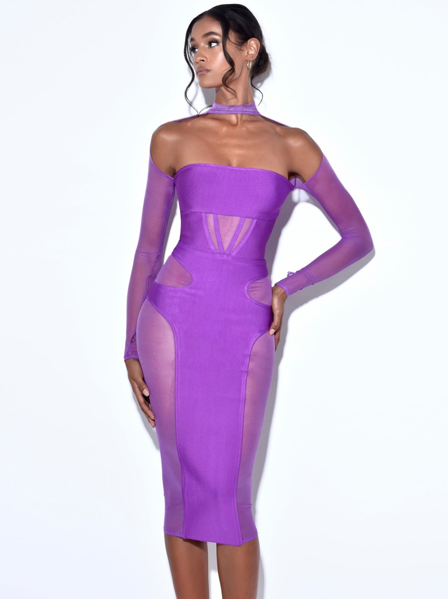 Dresses Miss Circle | Barrett Purple Mesh Long Sleeve Bandage Dress