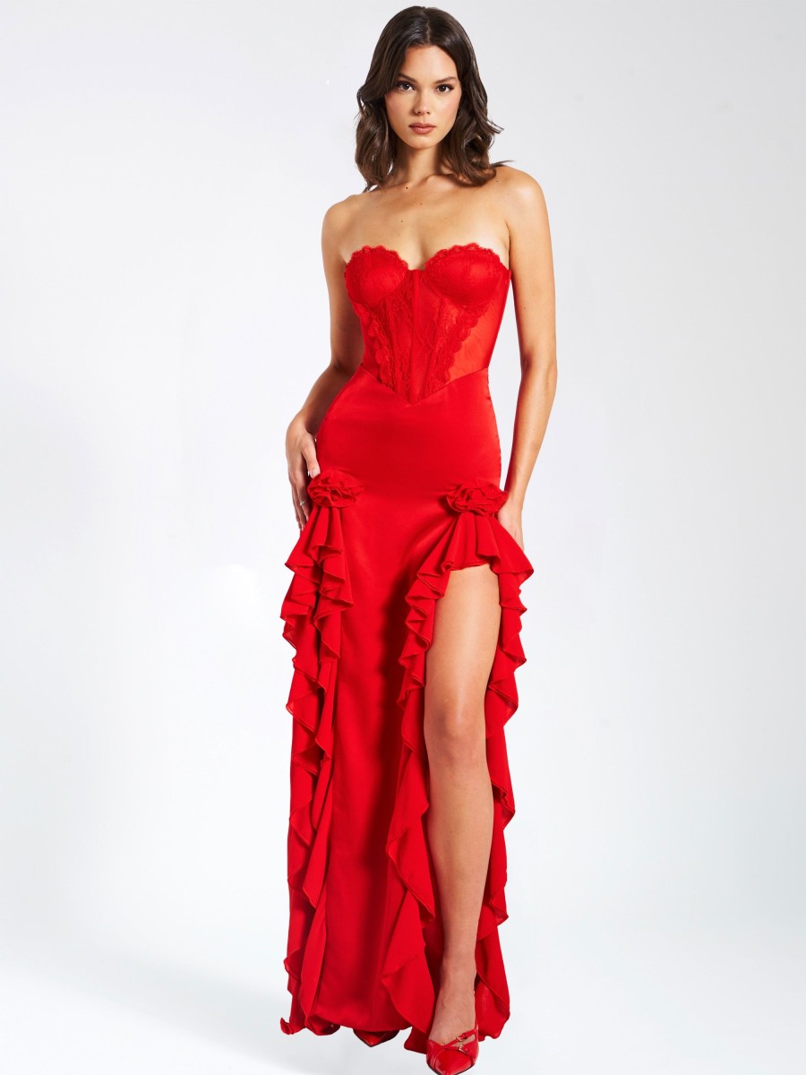 Gowns Miss Circle | Talia Red Satin Lace Corset Maxi Dress