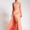 Corsets Miss Circle | Holly Coral Crystallized Corset High Slit Satin Gown