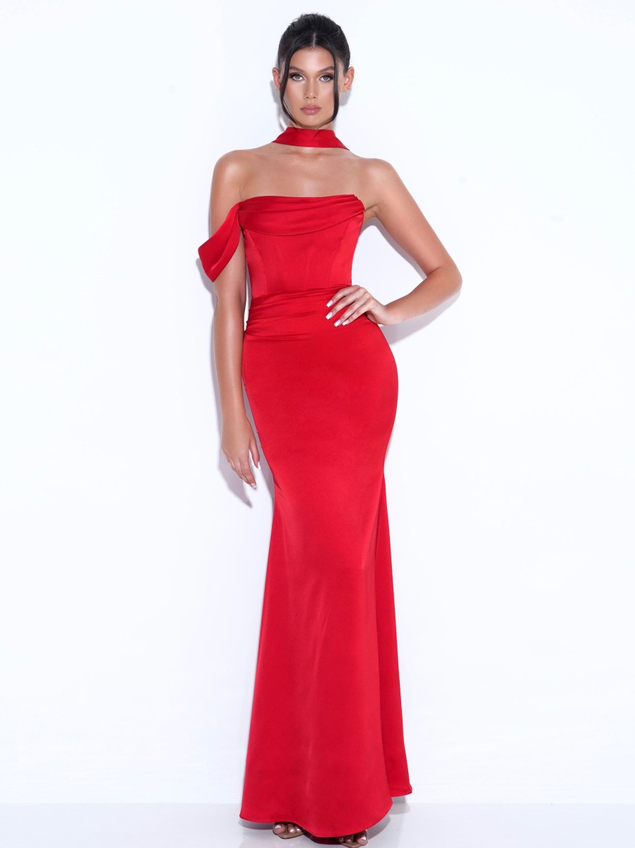 Dresses Miss Circle | Ivona Red Halter Neck Double Duchess Satin Gown