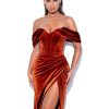 Corsets Miss Circle | Omaria Burnt Orange Velvet Off Shoulder Corset Dress