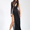 Dresses Miss Circle | Weslyn Black Satin Lace High Slit Dress