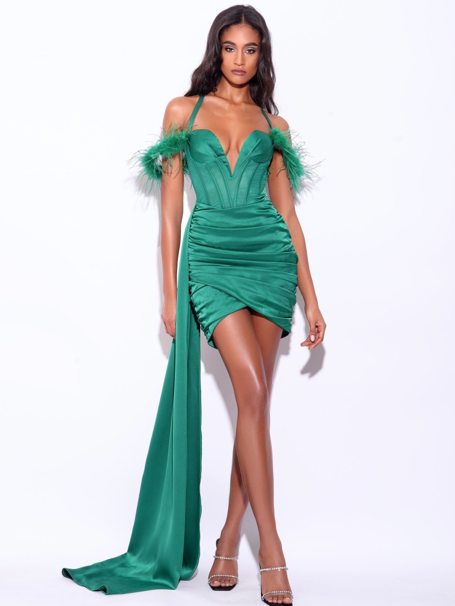 Corsets Miss Circle | Wilma Emerald Green Satin Corset Draping Dress With Feather Strap