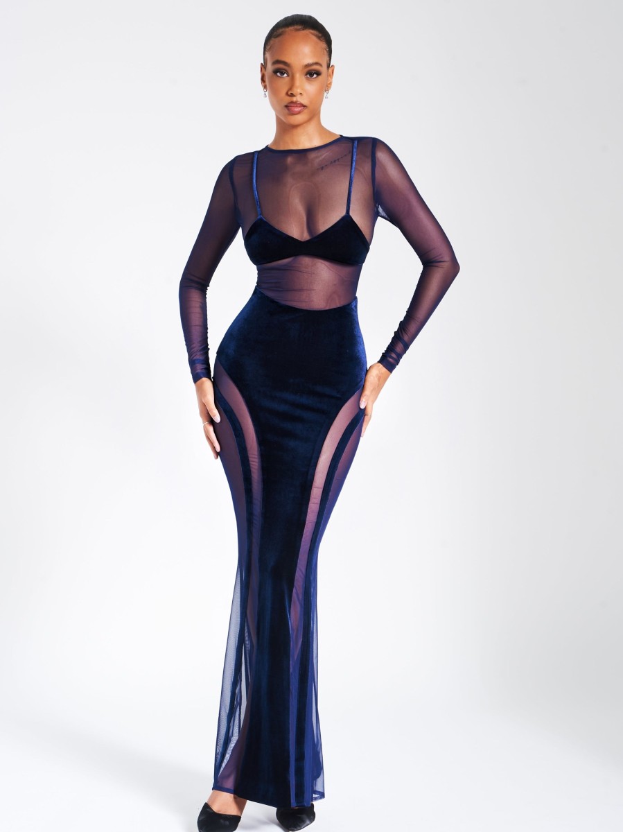 Dresses Miss Circle | Shannon Navy Velvet Mesh Maxi Dress