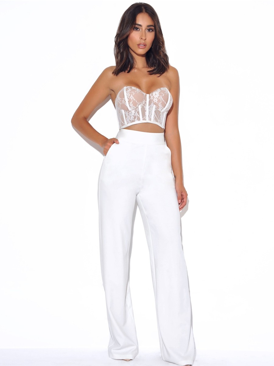 Bottoms Miss Circle | Never Enough White Stretch Crepe Wide Leg Trousers