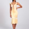 Dresses Miss Circle | Zora Yellow Satin Lace Up Flare Midi Dress With Lace Details