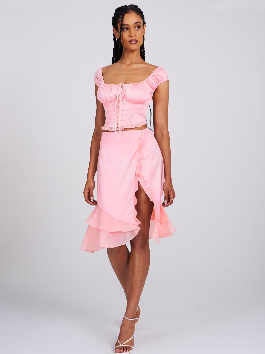 Bottoms Miss Circle | Sarah Salmon Pink Satin Ruffled Midi Skirt