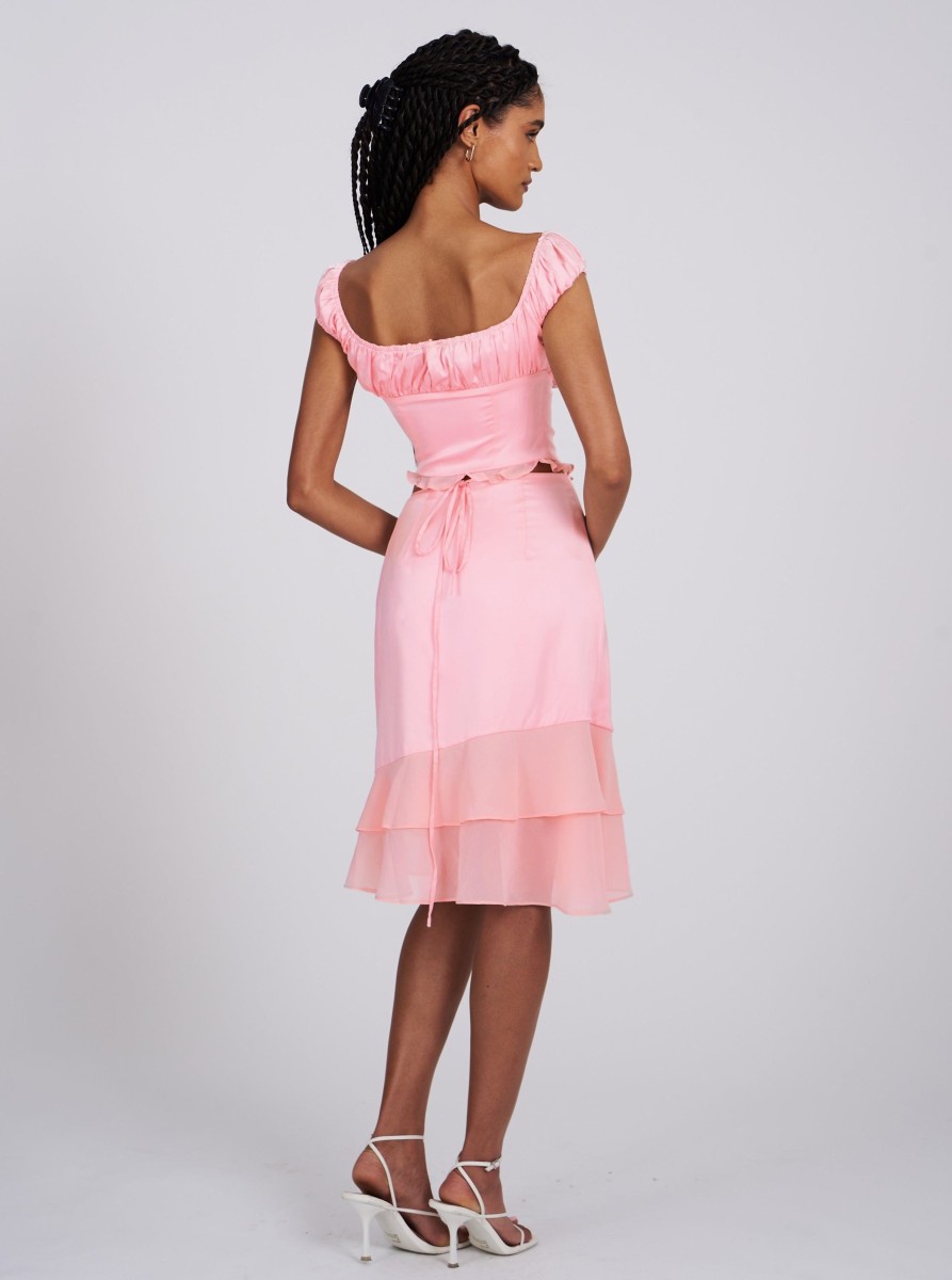 Bottoms Miss Circle | Sarah Salmon Pink Satin Ruffled Midi Skirt