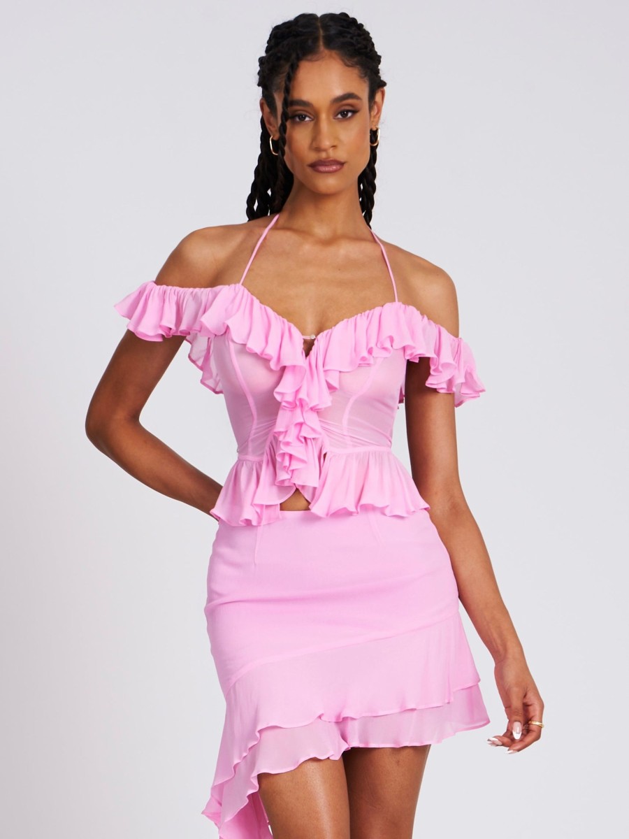 Bottoms Miss Circle | Carly Pink Ruffle Draping Mini Skirt