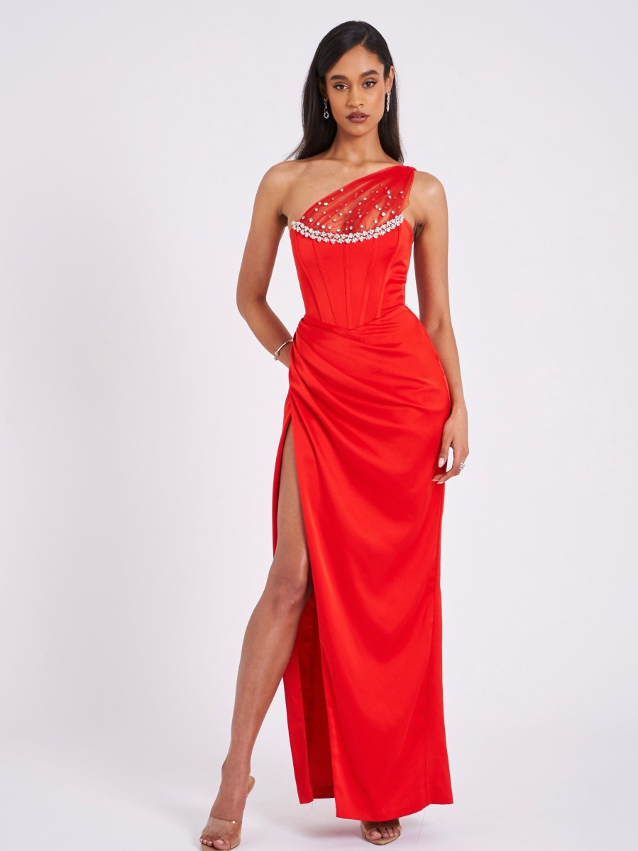 Gowns Miss Circle | Lora Scarlet Crystal Embellished Mesh Satin Corset Gown