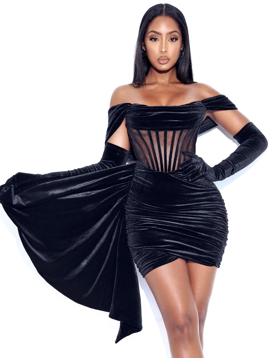 Zaira Black Lace Satin Corset Dress Miss Circle | Irisa Black Draping Off Shoulder Corset Dress