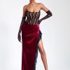 Dresses Miss Circle | Gaia Burgundy Lace Velvet Corset Side Slit Dress