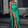 Gowns Miss Circle | Vanity Green Satin High Slit Draping Corset Gown With Crystals