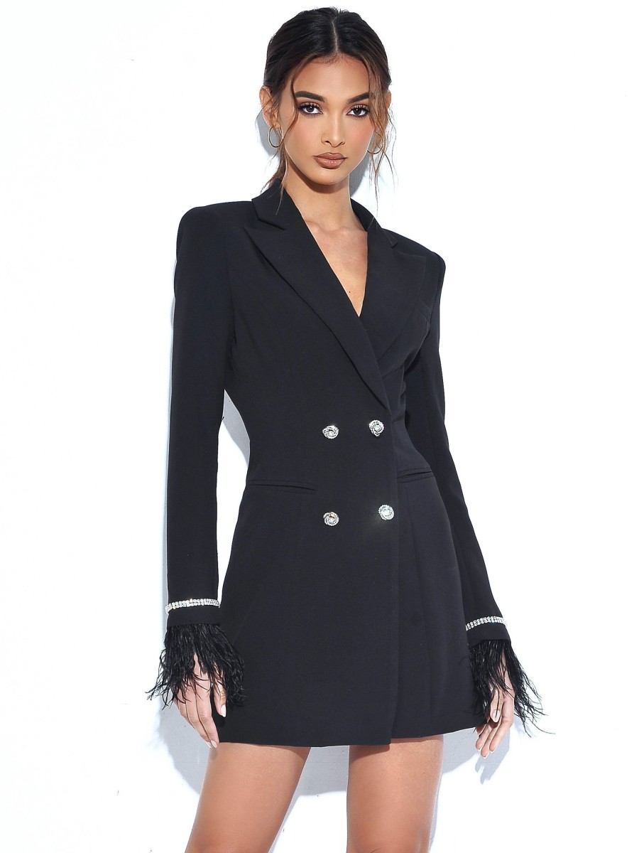 Blazer Dress Miss Circle | Quilla Black Feather Crystal Sleeve Backless Blazer Dress