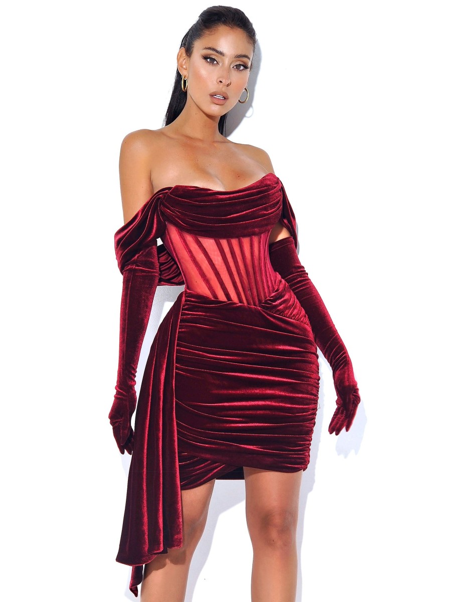 Zaira Black Lace Satin Corset Dress Miss Circle | Irisa Burgundy Draping Off Shoulder Corset Dress