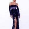 Corsets Miss Circle | Taylee Navy Long Sleeve Off Shoulder Corset Velvet Gown