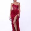 Lace Miss Circle | Callie Red Lace Satin Corset High Slit Gown