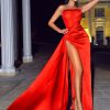 Dresses Miss Circle | Holly Red Crystallized Corset High Slit Satin Gown