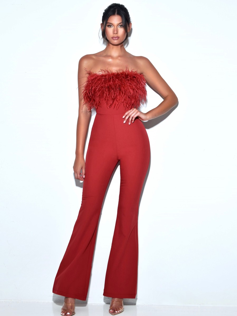 Jumpsuits Miss Circle | Kylan Burgundy Feather Jumpsuit