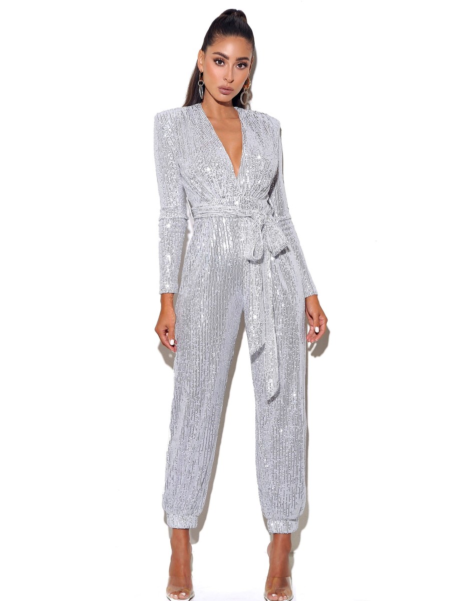 Jumpsuits Miss Circle | Tasha Silver Sequin Jumpsuit With Waist Tie