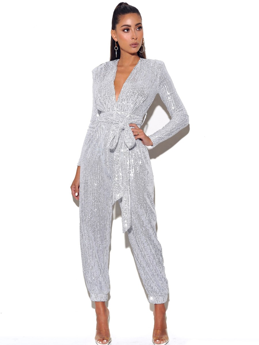 Jumpsuits Miss Circle | Tasha Silver Sequin Jumpsuit With Waist Tie