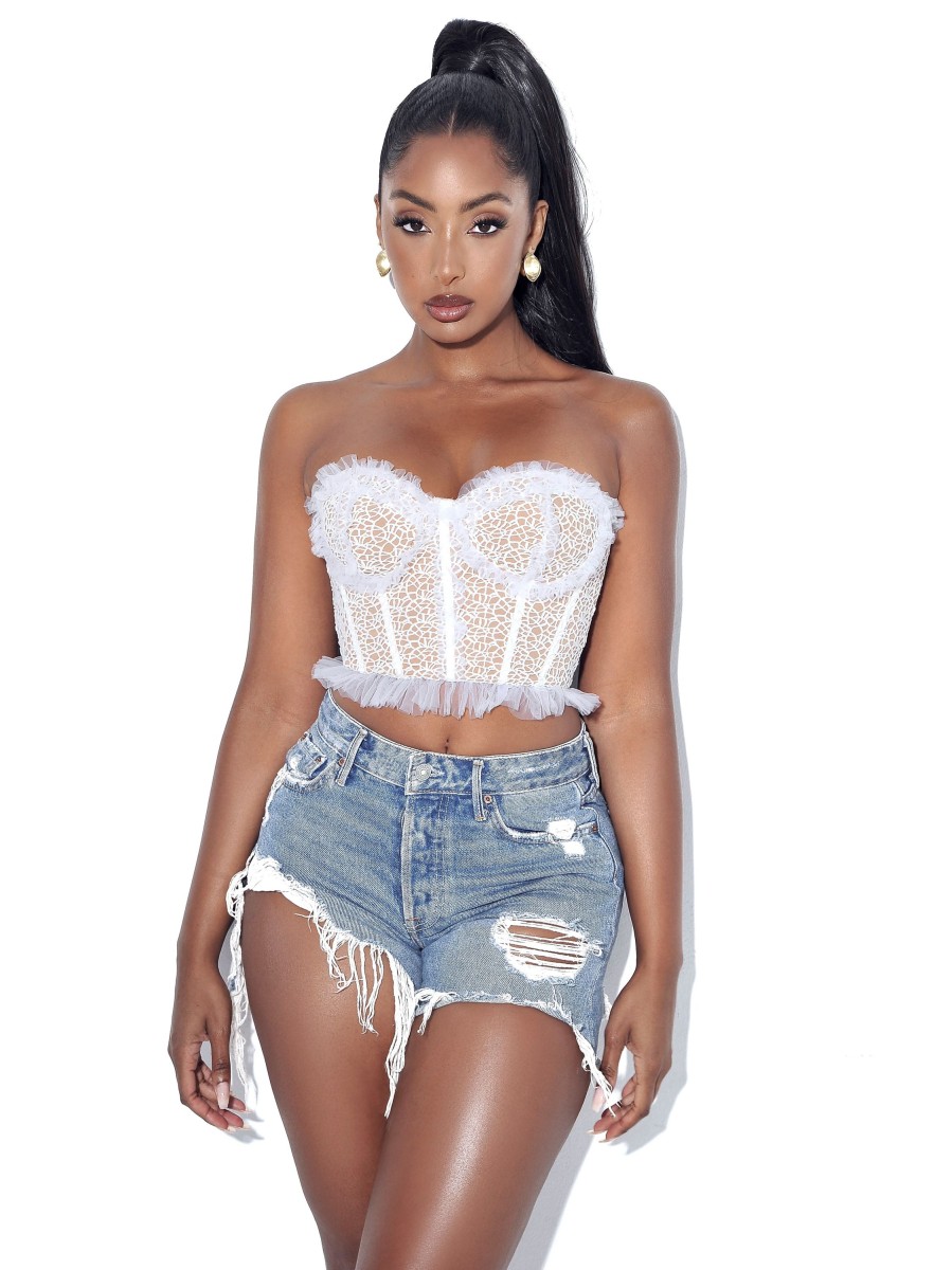 Tops Miss Circle | Orah White Mesh And Lace Corset Top