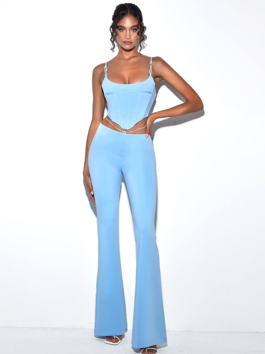 Bottoms Miss Circle | Tova Baby Blue Crystal Waist Strap Flare Pants