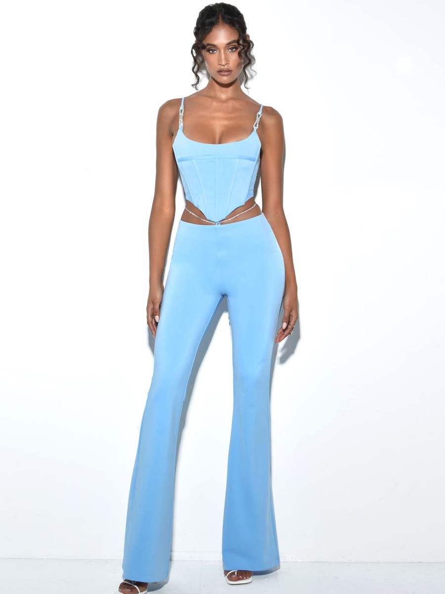 Bottoms Miss Circle | Tova Baby Blue Crystal Waist Strap Flare Pants