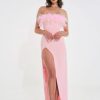 Gowns Miss Circle | Rachel Pink Feather Maxi High Slit Dress