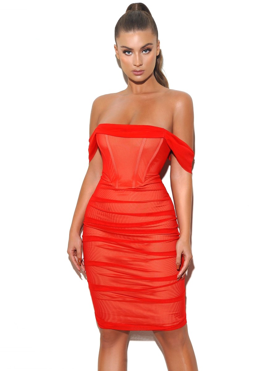 Dresses Miss Circle | Weslee Red Off Shoulder Mesh Corset Dress